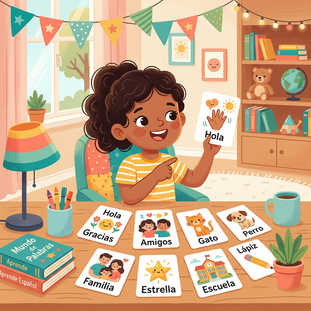 Child learning Spanish at home with colorful flashcards